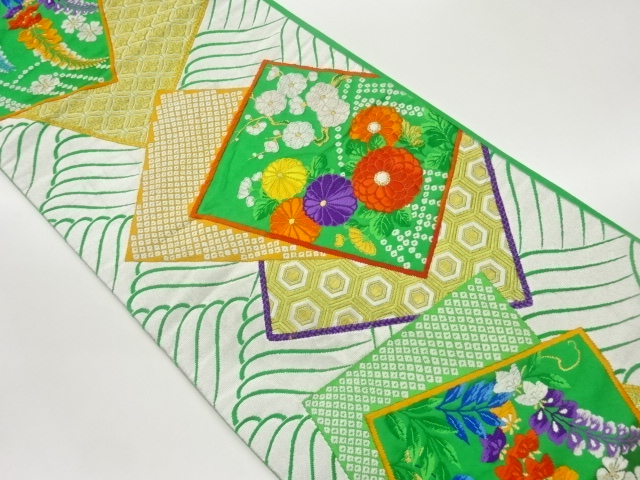 色紙に花々・鹿の子・古典柄模様織出し袋帯